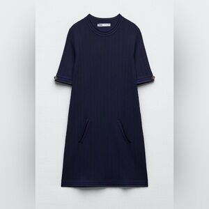 ZARA Gold Button Navy Knit Mini Dress • SIZE S • Excellent Condition